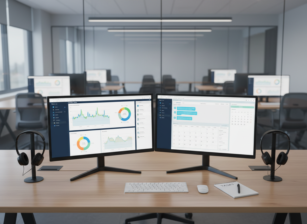 A modern dual-monitor workstation displaying colorful dashboards, chat interfaces, and scheduling calendars, arranged on a sleek light-wood desk. Compact headsets rest neatly on stands, and a small notepad with an uncapped pen lies beside a wireless keyboard. In the background, an array of softly glowing screens suggests multiple remote workstations in a clean, glass-walled office. Cool, diffused daylight pours in from large unseen windows, creating gentle reflections on the monitors and desk surface. Photographic realism with a clean, professional aesthetic, shot at eye level with moderate depth of field so the central workstation is sharp while the background softly blurs, conveying reliable, organized business support and customer service operations.